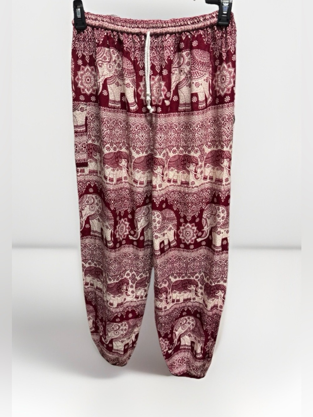 Hippie Boho Elephant Print Drawstring Harem Pants Maroon Relaxed Fit Lounge